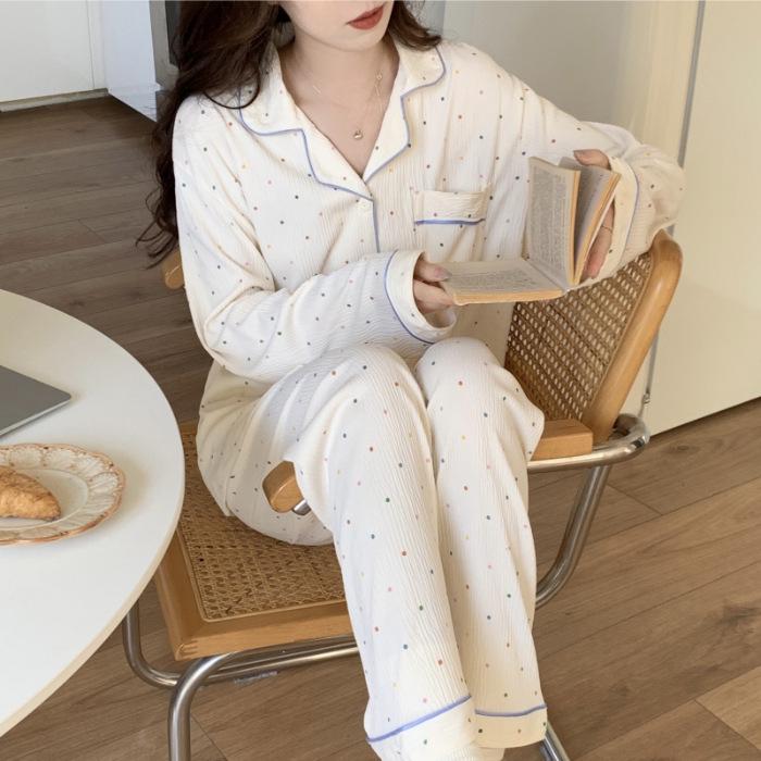 Women's 2024 Spring Polka Dot Pajama Set - Long Sleeve Cardigan and Pants In Casual Wrinkled Fabric