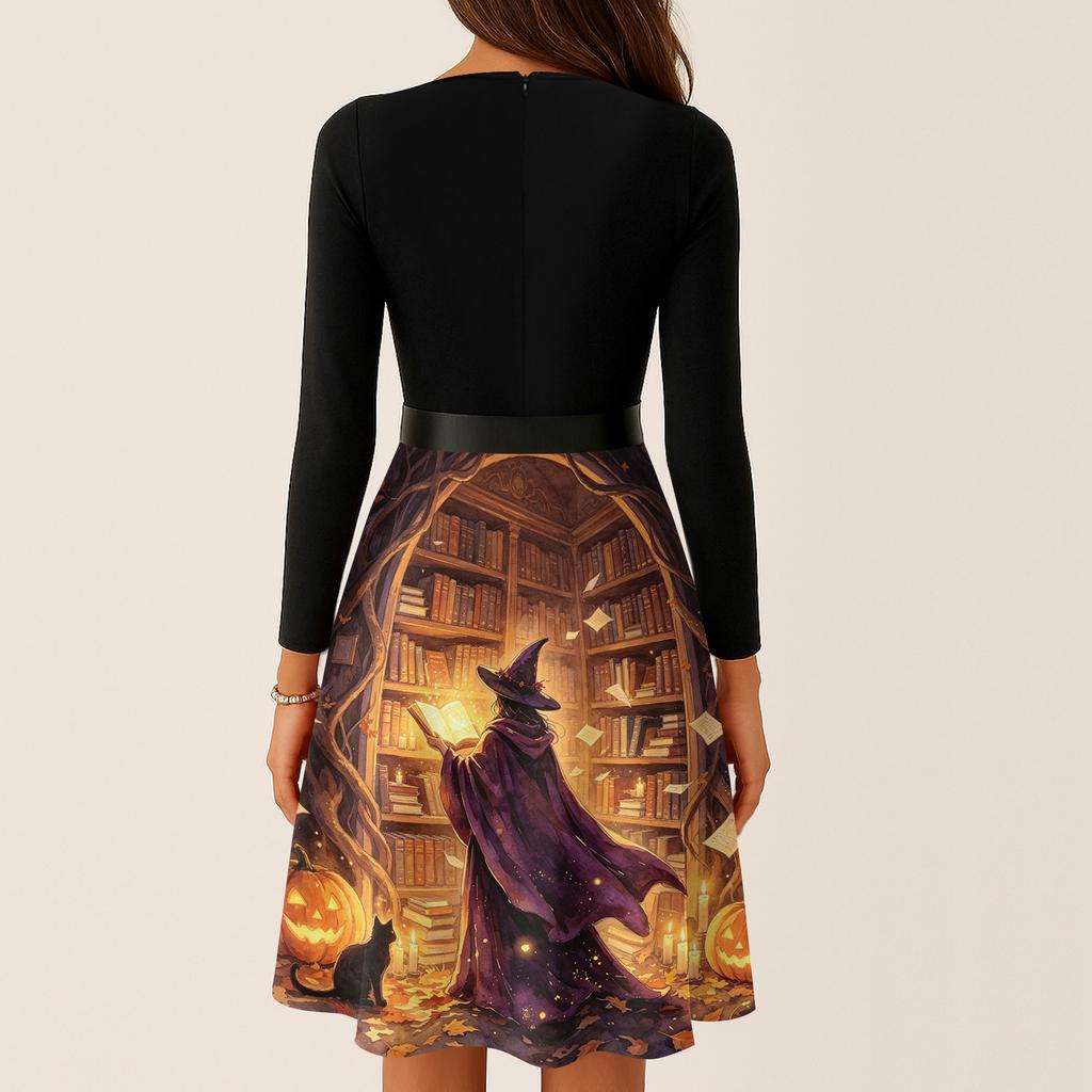 Women's Casual V-Neck Long Sleeve Vintage Halloween Print Dress