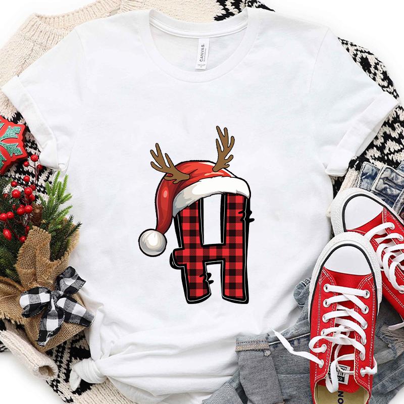 Christmas Alphabet AZ Letter Print Womens Tshirt Santa Graphic Casual Holiday Fashion Top Xmas Party Tees shirt for Women