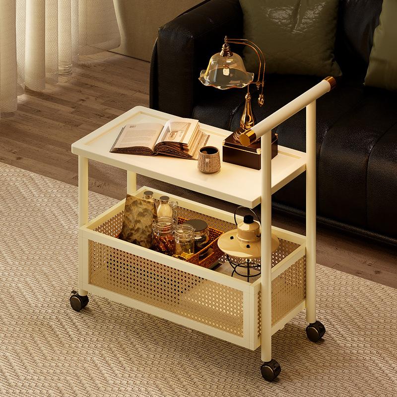 High-end Side Table Bamboo 2 Layers Coffee Tables Mobile Coffee Table with Wheels Trolley Home Storage Rack Living Room Decor