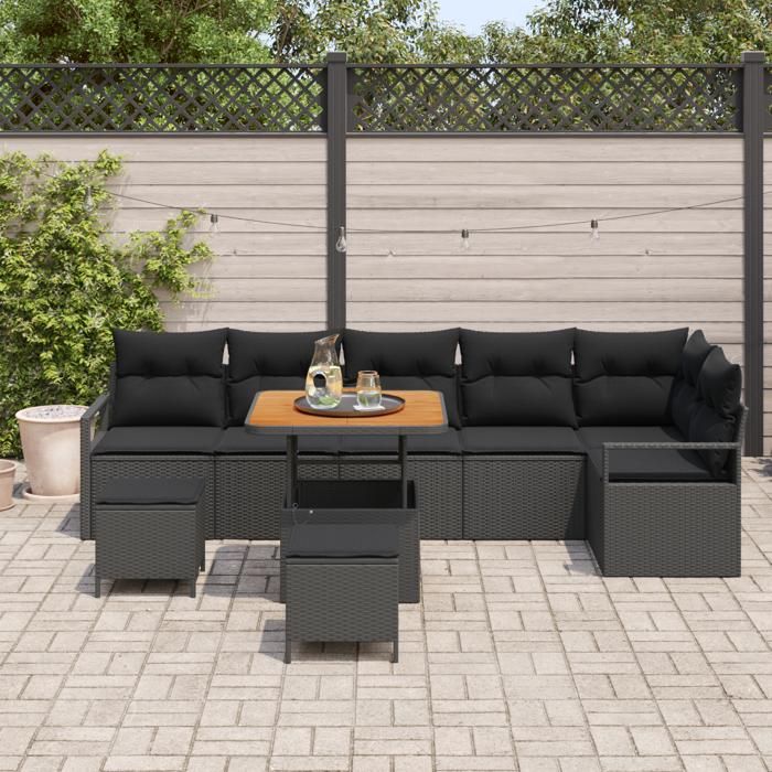 Ensemble de Canapés de Jardin de 9 Pièces avec Coussins Noir Rotin Poly Acacia, Canapé de Jardin de 2 Places avec Coussins 3362539