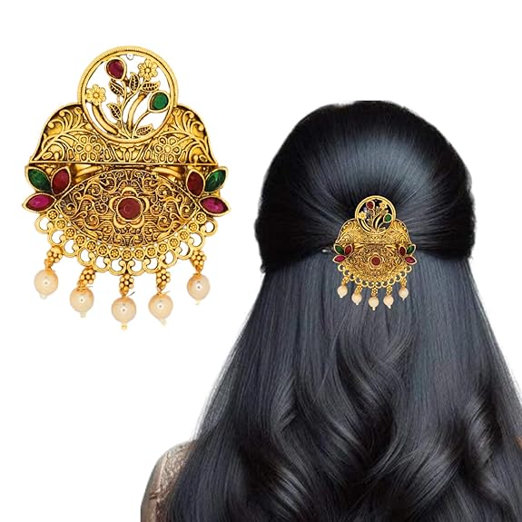 Traditional Temple Design Gold-Plated Hair Barrette Clip with Pearl Dangling Accents