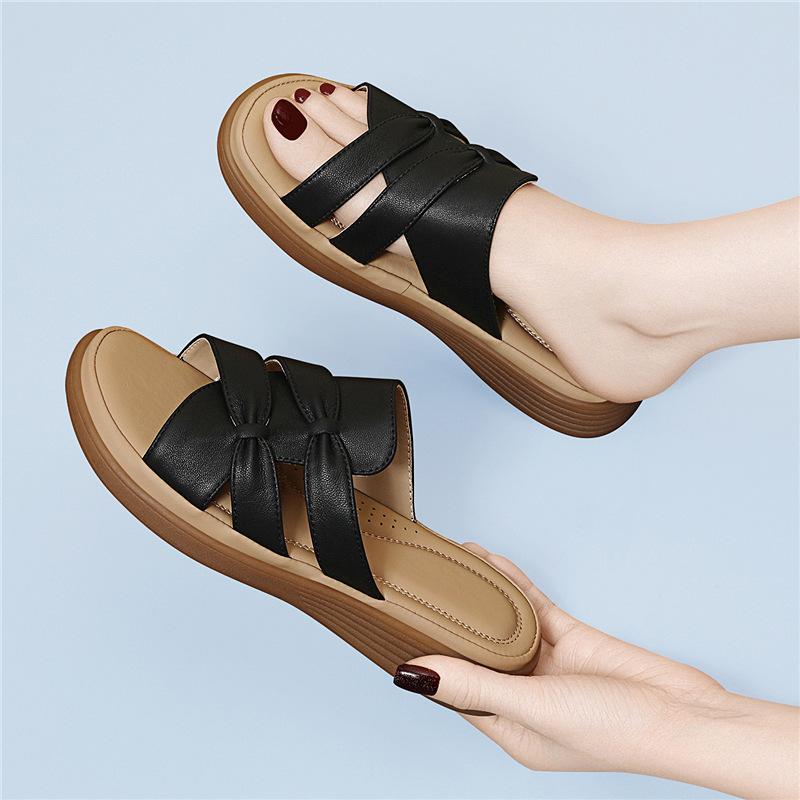 Women's Sheepskin Genuine Leather Mother Slippers Summer New Outer Wear Middle-aged Soft Bottom Casual Slope Heel Thick Bottom Fashion Sandals