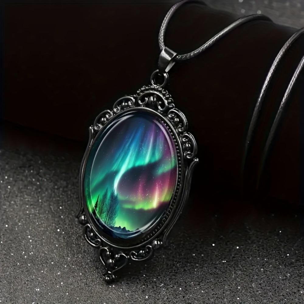1-piece fashionable and elegant aurora landscape pattern black frame glass necklace romantic gift jewelry