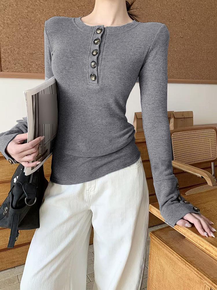 Spicy Girl Design V-Neck Button-Up Long-Sleeve Henley Top - Waist-Cinched, Slimming for Autumn/Winter