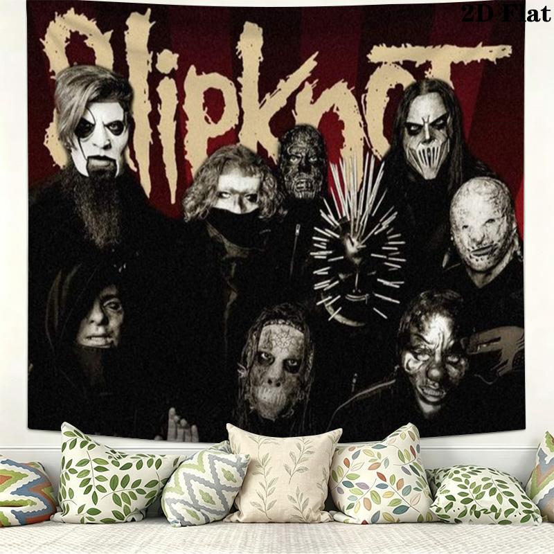 Slipknot Cartoon Masked Members Tapestry, Red Background Band Portrait Wall Hanging for Rock Fans