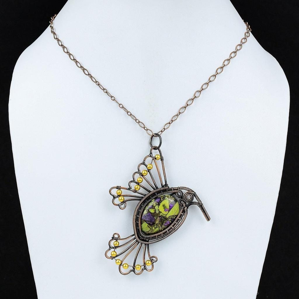 Copper Stichtite Pendant Copper Wire Wrapped Pendant Handmade Bird Pendant Copper Jewelry Gemstone Pendant Gift For Mother Wire Wrap Jewelry