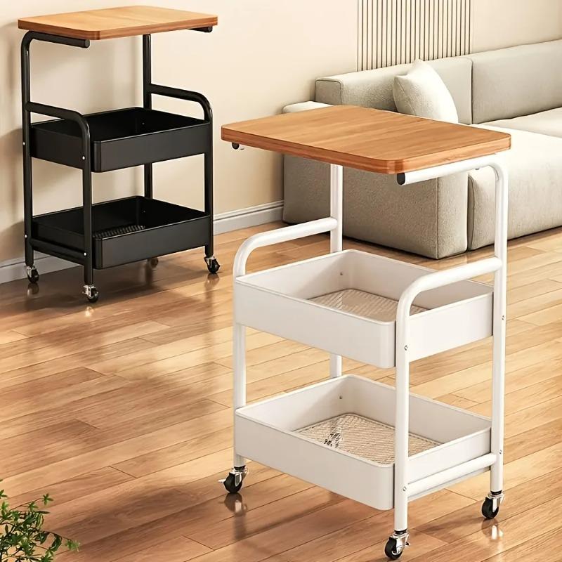 Living Room Movable Storage Rack, Vintage Coffee Table, Bedside Table, Bedroom Bedside Table, Snack Storage Rack, Double-layer белый