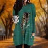 New In Autumn Cat Dragonfly Print Plus Size Dress Women O'neck Long Sleeves Casual Pocket Dresses