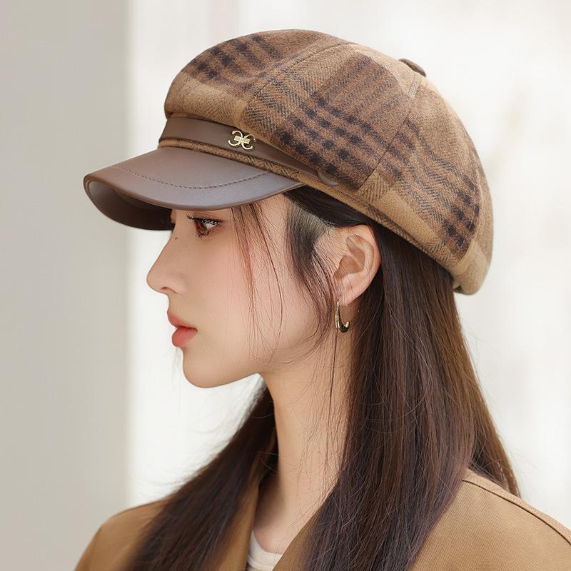 Japanischer und koreanischer achteckiger Hut für Frühling und Herbst Damen Karomütze Lässige und vielseitige Baseballkappe im britischen Stil Warme Malermütze average size beige