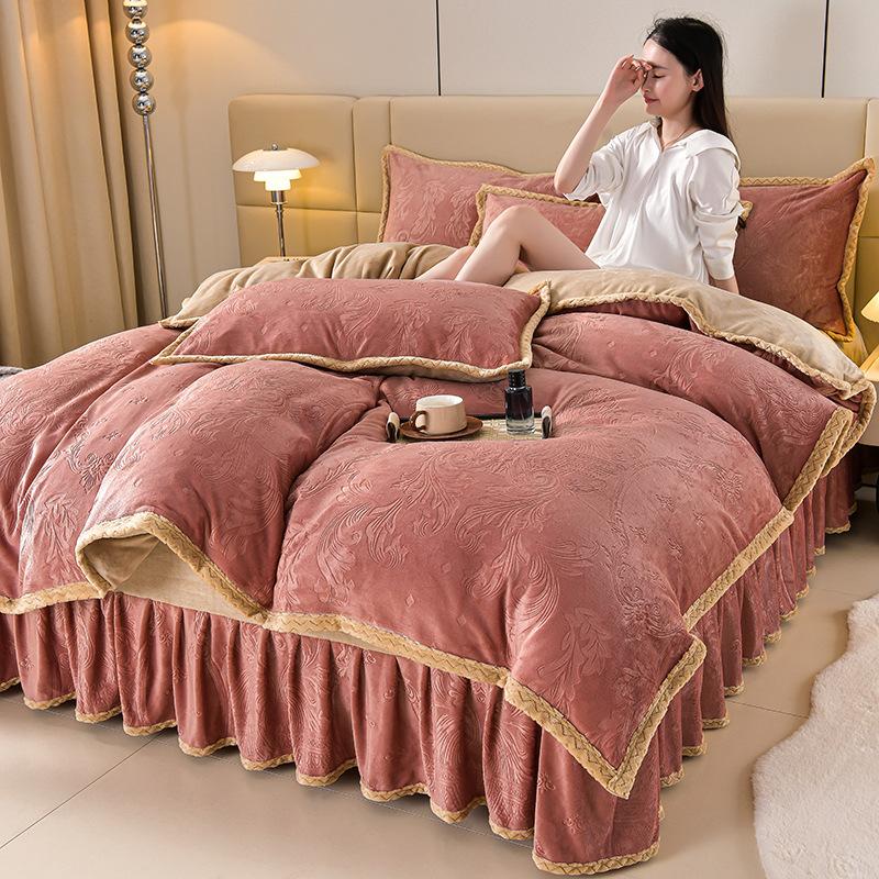 Class A Maternal And Infant Grade High-Gram Carved Fleece Milk Fleece Bed Skirt4-Pcs Set, Winter Double-Sided Fleece Quilt Cover