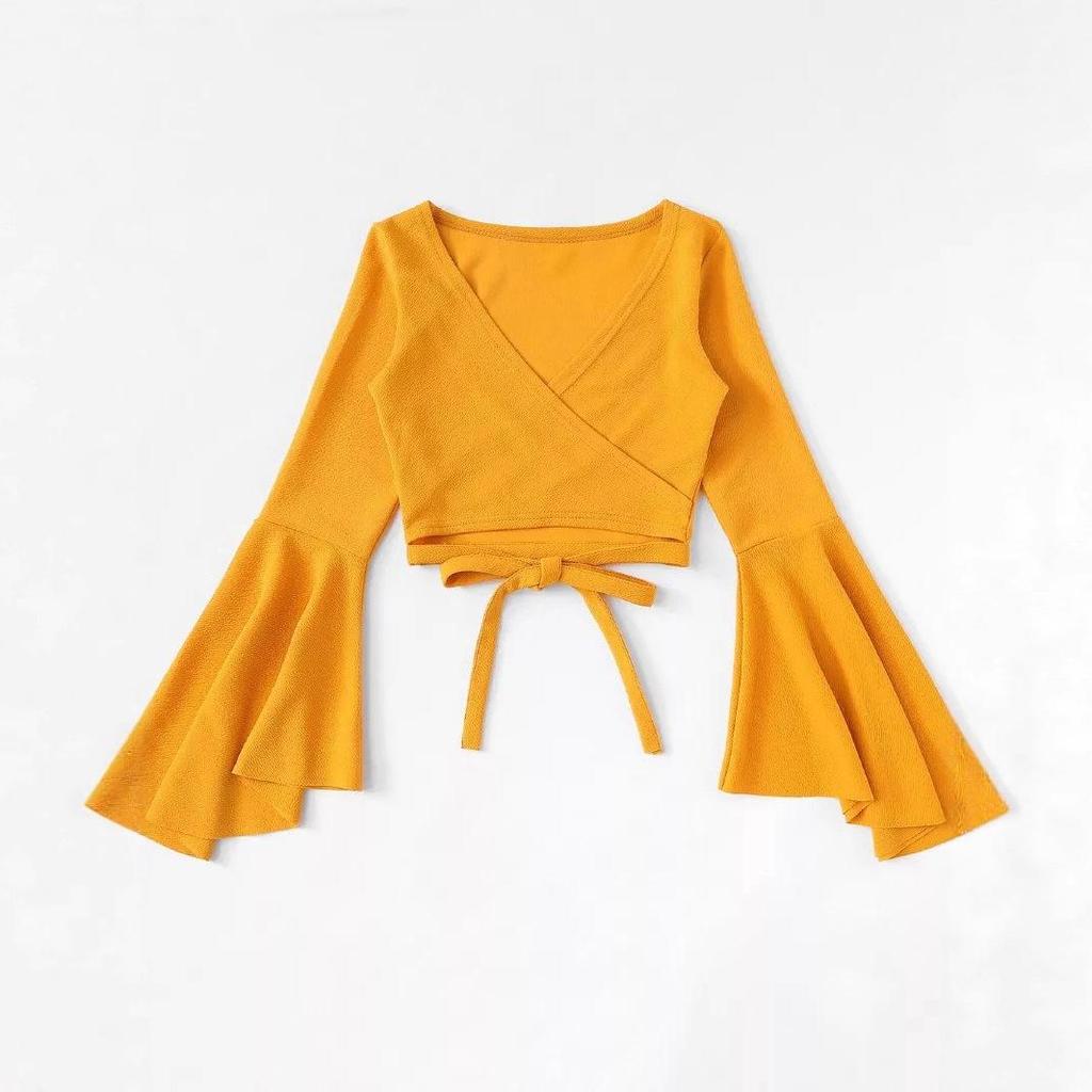 European/American Style Lace-Up Bell Sleeve V-Neck Crop Top: Slim, Retro, Solid Color