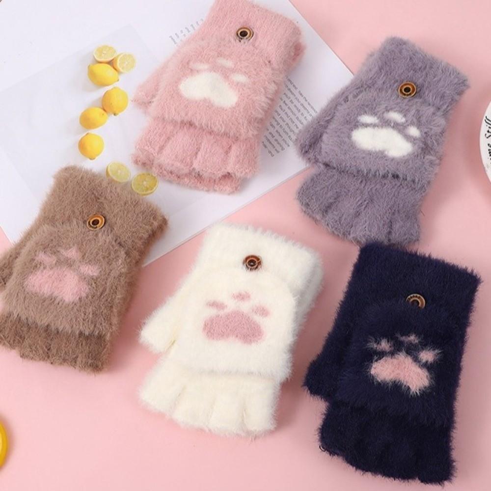 Thicken Cat Paw Gloves Soft Warm Plush Mittens Cartoon Style Half Finger Gloves Adults