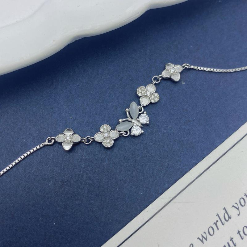 S925 Sterling Silver Flower & Butterfly Bracelet for Women, Personalized with Zircon, Simple & Versatile Design