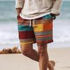 Men's Wave Rhombus Embroidery Print Drawstring Shorts, Spring Summer Ethnic Vacation Casual Shorts, Pocket Beach Shorts