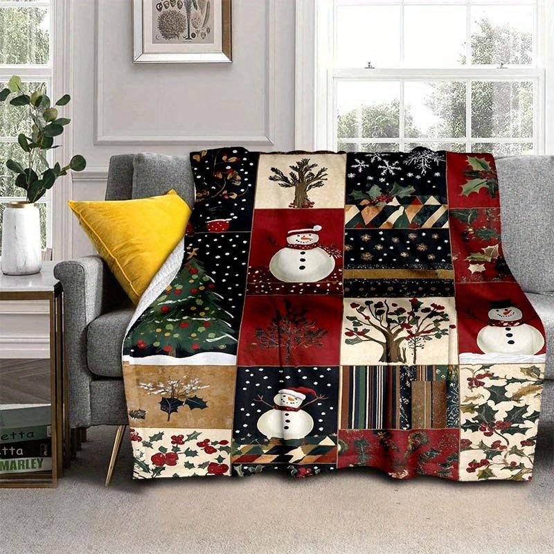 Vintage Snowman Christmas Quilt - Red Festive Polyester Throw, Soft Holiday Decor & Gift for Family, Cozy Bed/Sofa Blanket