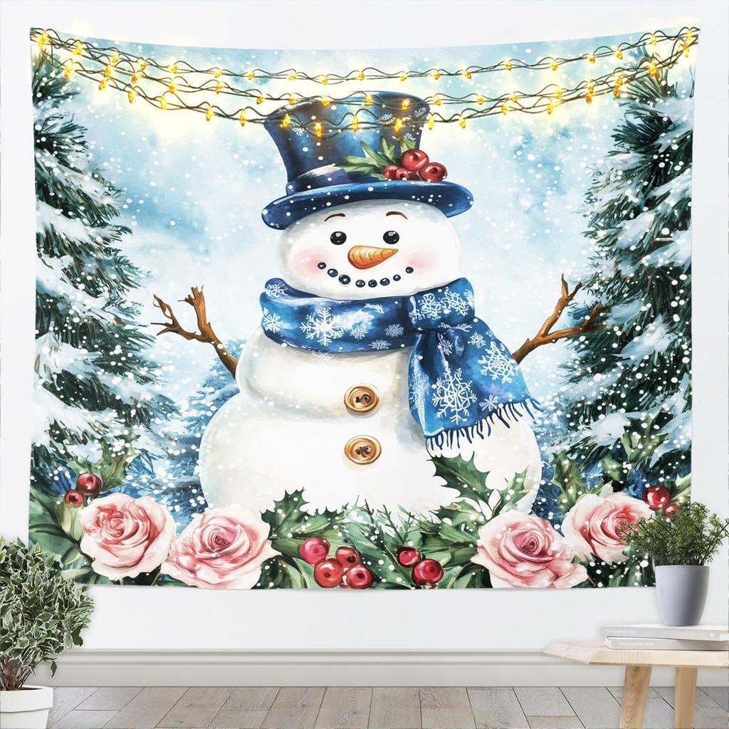 Jejeloiu Pink Christmas Tapestry Small  Kids Snowy Xmas Landscape Wall Art Winter Scene Wall Hanging Blanket Microfiber