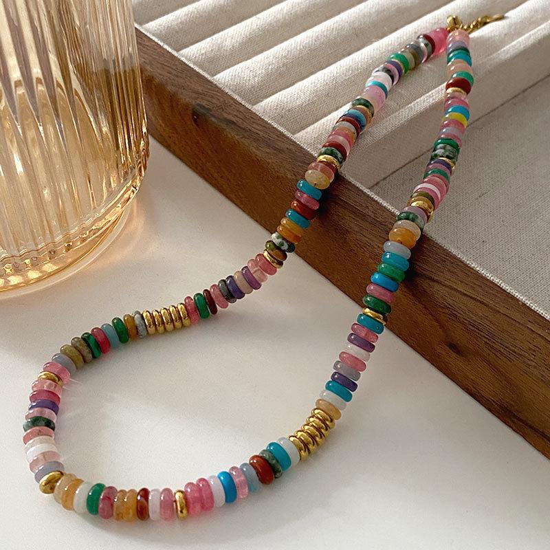 Tiger'S Eye Beaded Halskjede Maillard Oval Premium Genserkjede Titanium Stål Vintage Coffee Naturstein Clavicle Chain