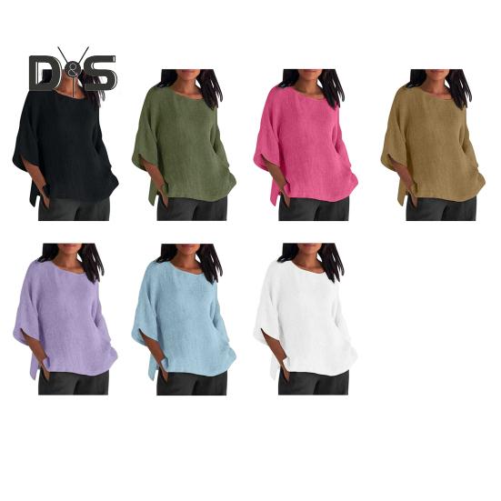 Women Shirt 3/4 Sleeve Casual Crew Neck Solid Color Pullover Tops Loose Fit Vacation Blouse Daily Wear