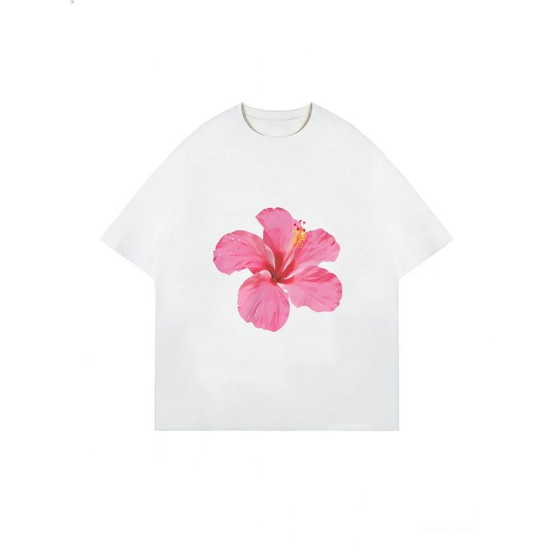 White T Shirt With Pink Hibiscus Flower Print For Casual Summer Wear