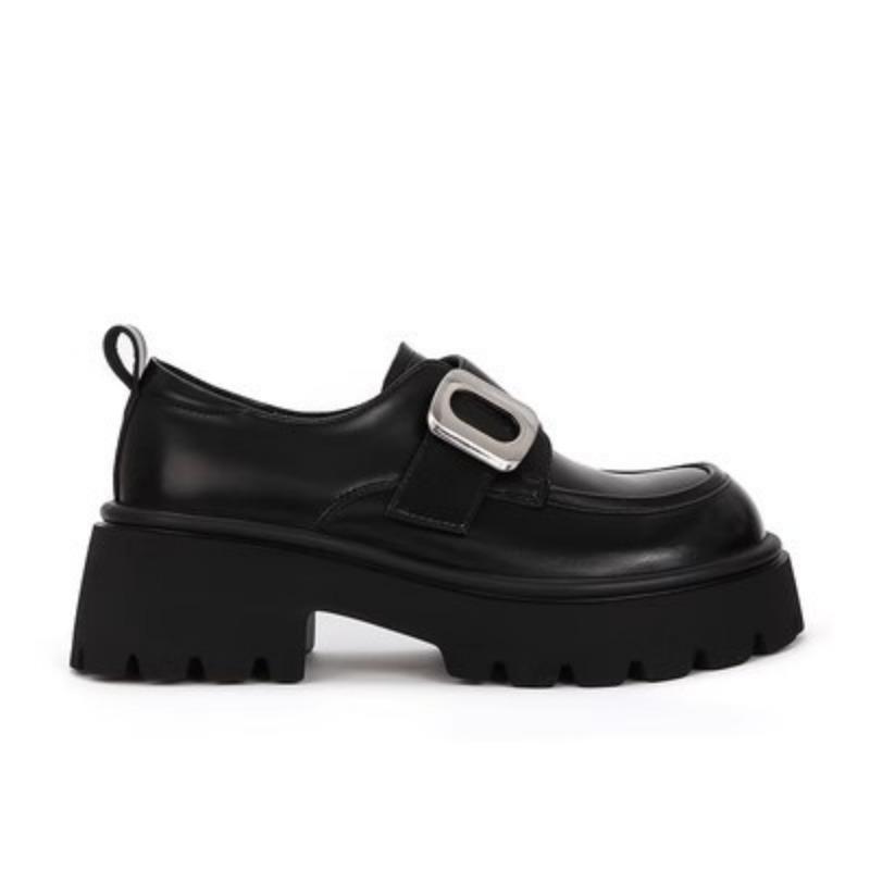 

Версия из коровьей кожи~ Круглый носок, ретро-пряжка, толстая подошва-маффин для увеличения роста женских британских маленьких кожаных туфель 40