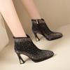 Frosted Waterproof Platform Heeled Boots Women Black Pointed Toe Sexy  Rhinestone Short Leather Boots Shoes High Botas Mujer