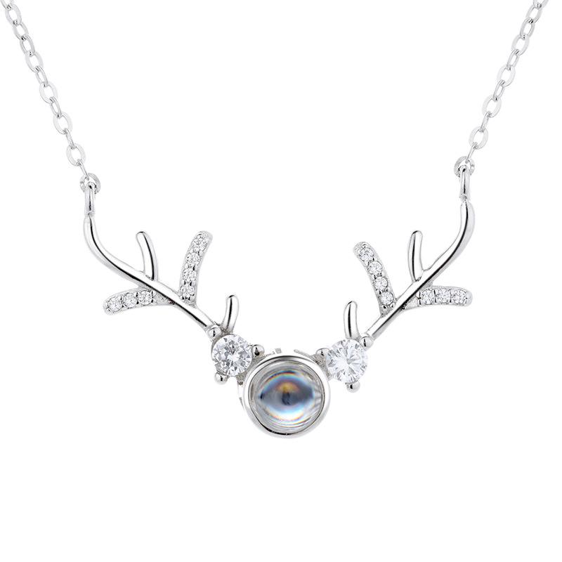 

Sterling Silver S925 Deer Necklace with Engravable Projection Pendant - Mori Style Halloween & Christmas Gift Sterling Silver 925