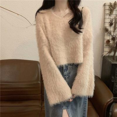 Pullover Donna Autunno e Inverno Imitazione Lana di visone Maglieria Donna Design Sense Maglione con scollo a V Sottocollo Pullover Top