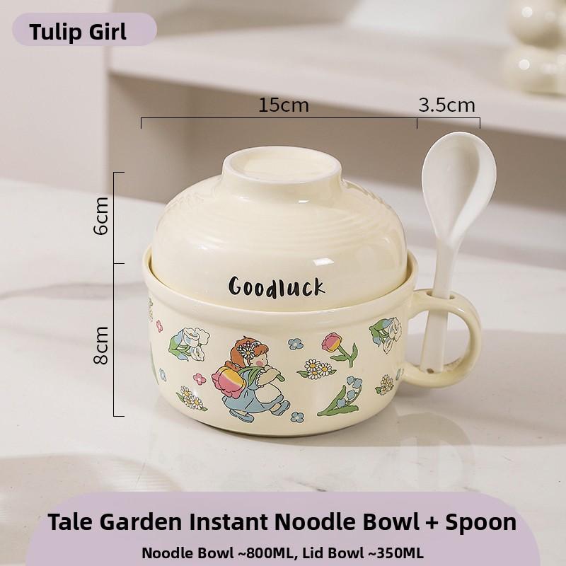 

Ceramic Instant Noodles Bowl with Lid And Handle Dormitory Student Microwave Safe Soup Bowl Personal Special Bowl Cartoon Design
