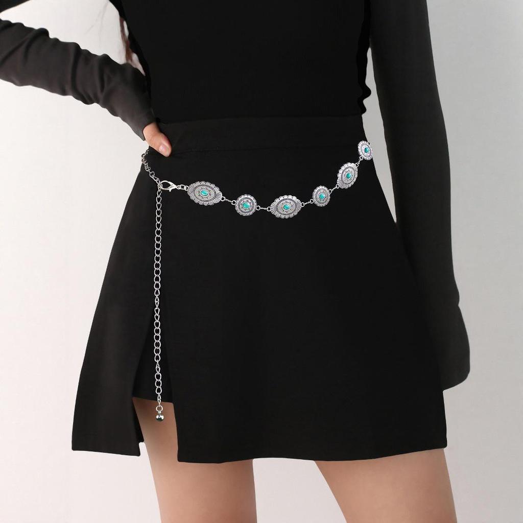 Vintage Turquoise Carved Belt Chain: Fashionable Metal Waist Accessory for Dresses