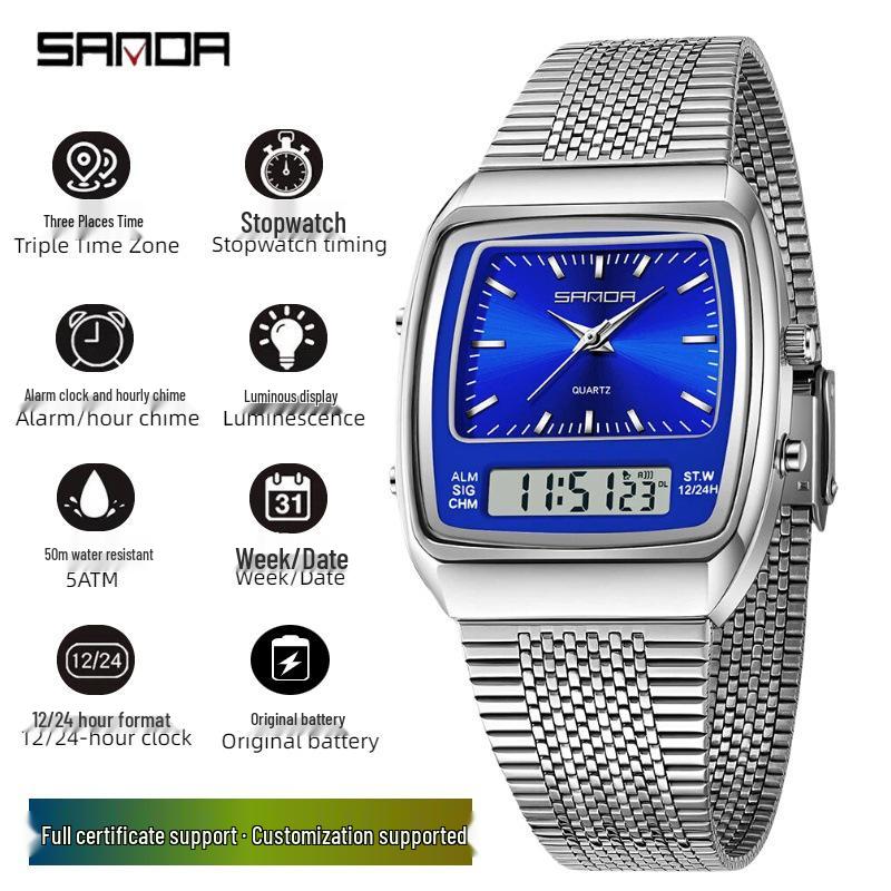 SANDA Men's Steel Band Dual Display Watch with Multi-Time Zone, Night Glow, and Waterproof Features