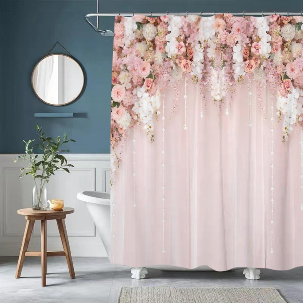 1pc Elegant Pink Floral Shower Curtain with Hooks - Machine Washable Fabric Bath Curtain Suitable for Modern Bathrooms, Romant