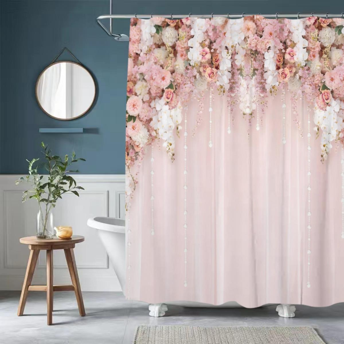 

1Pc Elegant Pink Floral Shower Curtain With Hooks - Machine Washable Fabric Bath Curtain Suitable For Modern Bathrooms, Romant W60H190(CM)-1 Pcs