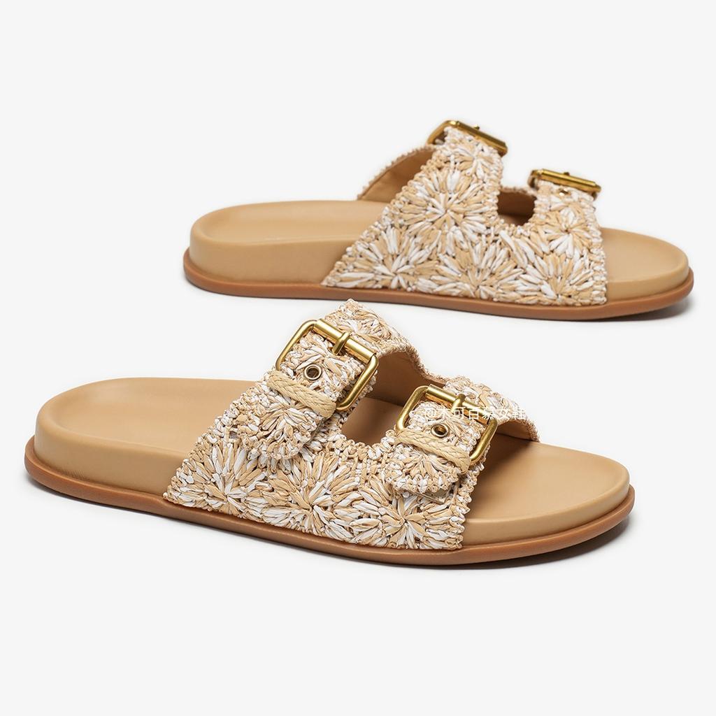 Fashion Women's Woven Slide Sandals With Double Gold Buckles Open Toe Flat Slippers Summer Beach Shoes Trendy Casual Outdoor Footwear
