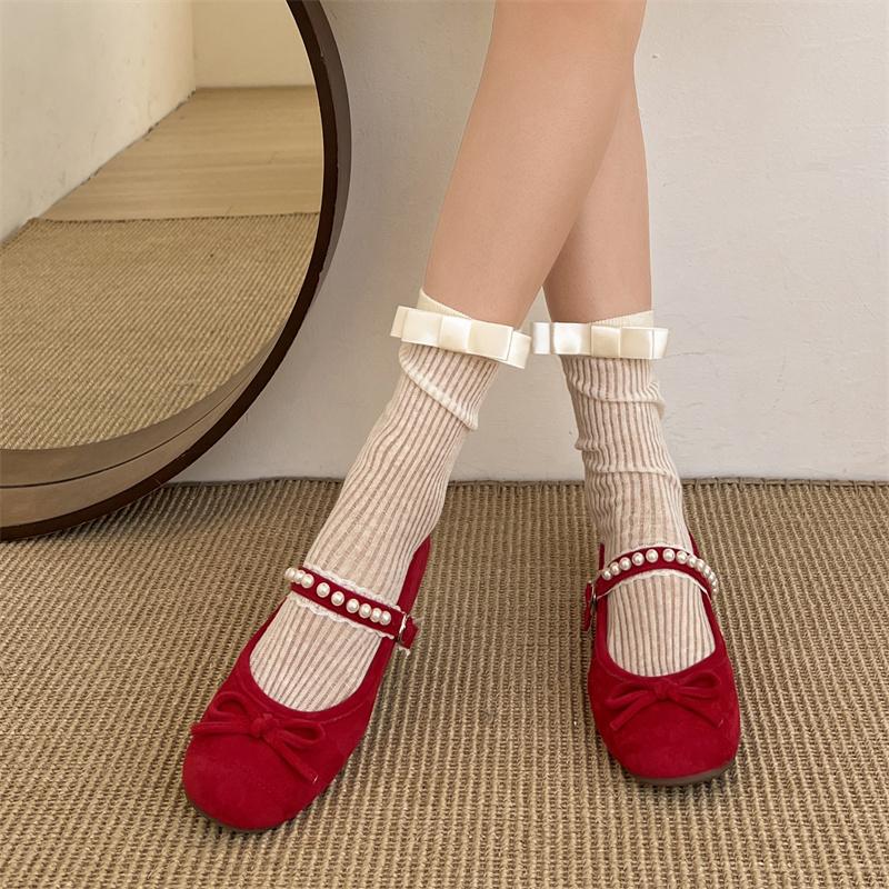 

Мода 2025 Женская обувь Неглубокие женские балетки Мода Бант Ежедневные Новые Нить Бусина Легкие Удобные Нескользящие Плоские Низкий Каблук 40 красный