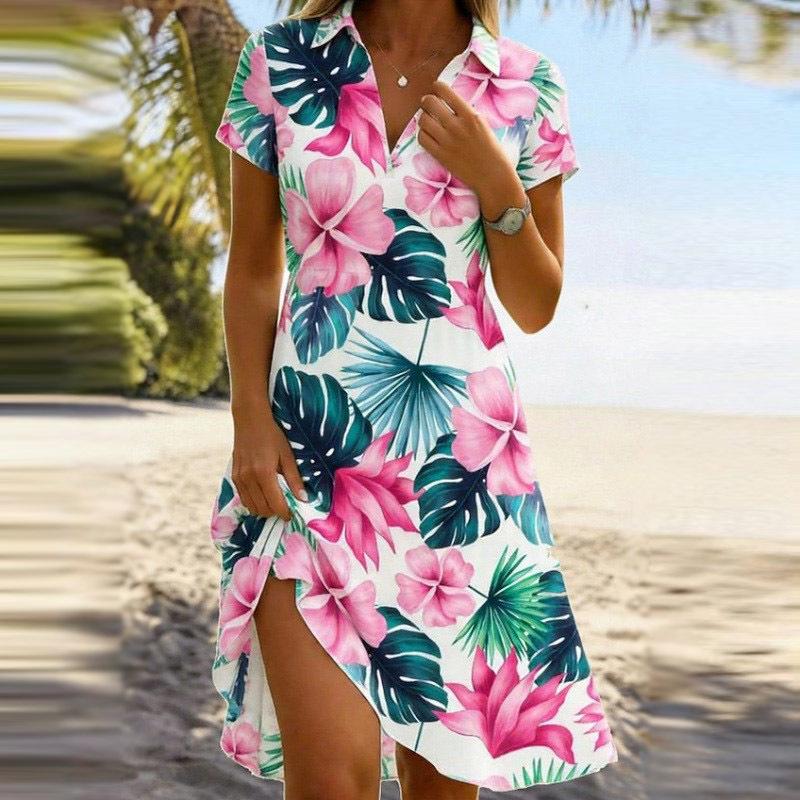 2026 V-Neck Short-Sleeve Bohemian Beach Dress for Women