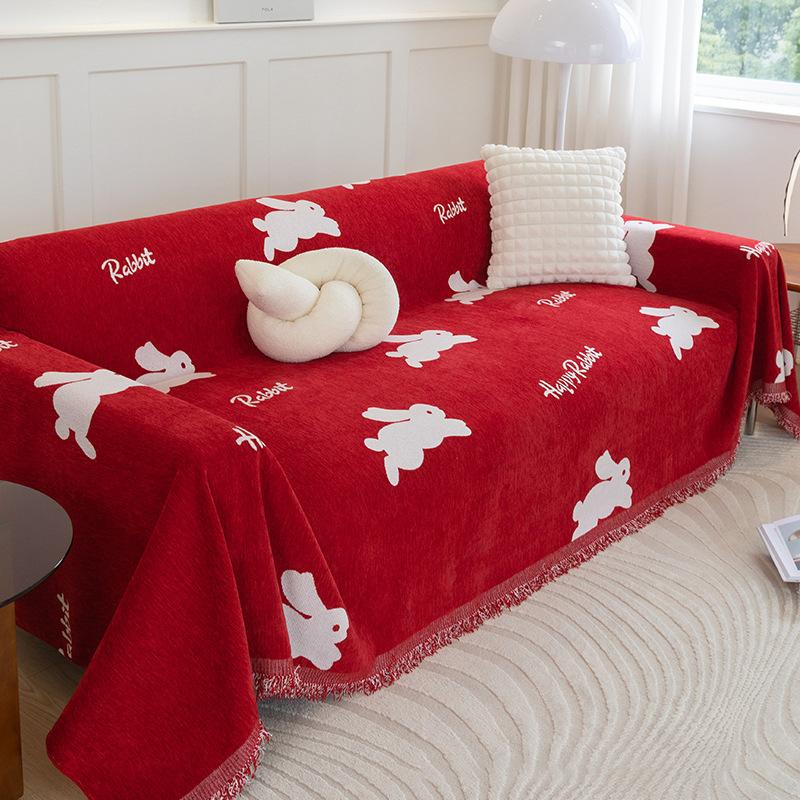 Red Festive Simple Chenille Sofa Cover Towel Cartoon Cute Rabbit Non-Slip Universal Full Cover Sofa Cover