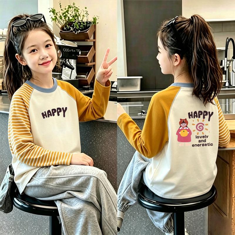 Girls' Cotton Long Sleeve Cartoon Color Block T-shirt