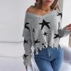 Women Casual Knit Pullover Sweater Long Sleeve V Neck Star Cut Autumn Winter