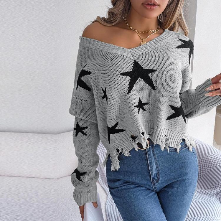Women Casual Knit Pullover Sweater Long Sleeve V Neck Star Cut Autumn Winter