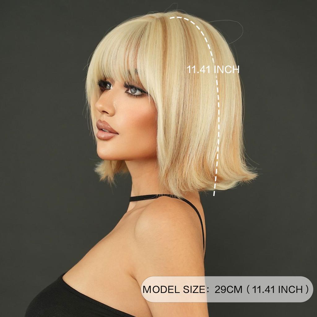 Daily Date Short Straight Synthetic Wigs for Women Blond Beige Bob Wigs with Bangs Cosplay Party Heat Resistant Fake Hair