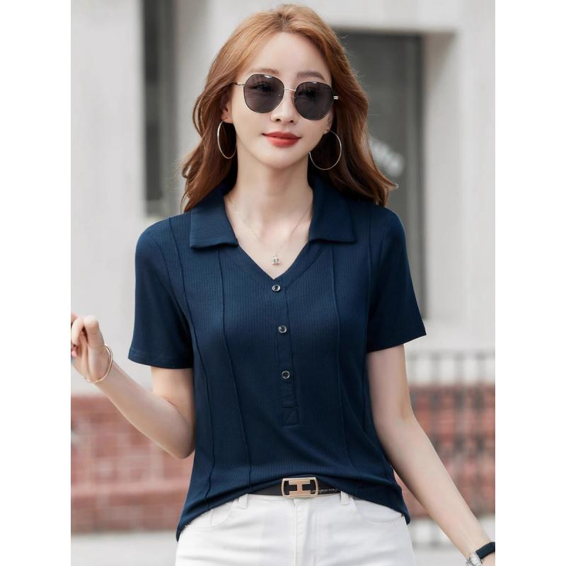 Summer Turn-Down Collar Short Sleeve Middle-Aged and Elderly Mom's Fashionable Slim-Fit Solid Color Plus Size Thin Shirt Top Women's T-Shirt