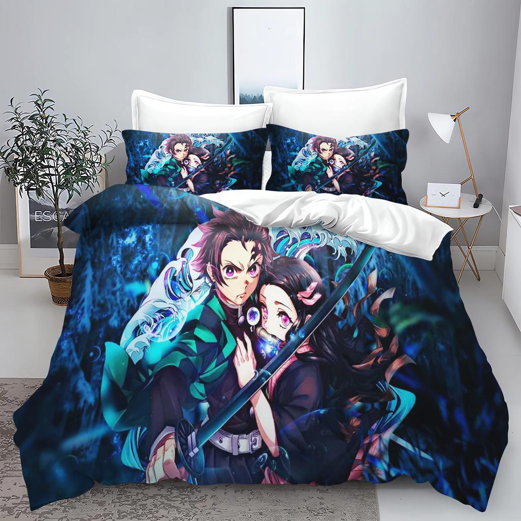 Demon slakter: Kimetsu no Yaiba kamado Nezuko Anime 100% Polyester Sengetøy Sett Dynetrekk Sett Trykt Tegneserie Hjemmeinnredning