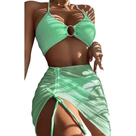 3Pcs/Set Women Bikini Set Solid Color Halter Metal Ring Backless Padded Wire