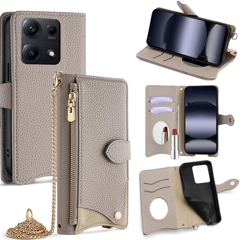 

For Xiaomi Redmi Note 14S 4G Leather Case Wallet Stand Cover Irregular Tail Style with Chain Strap Grey