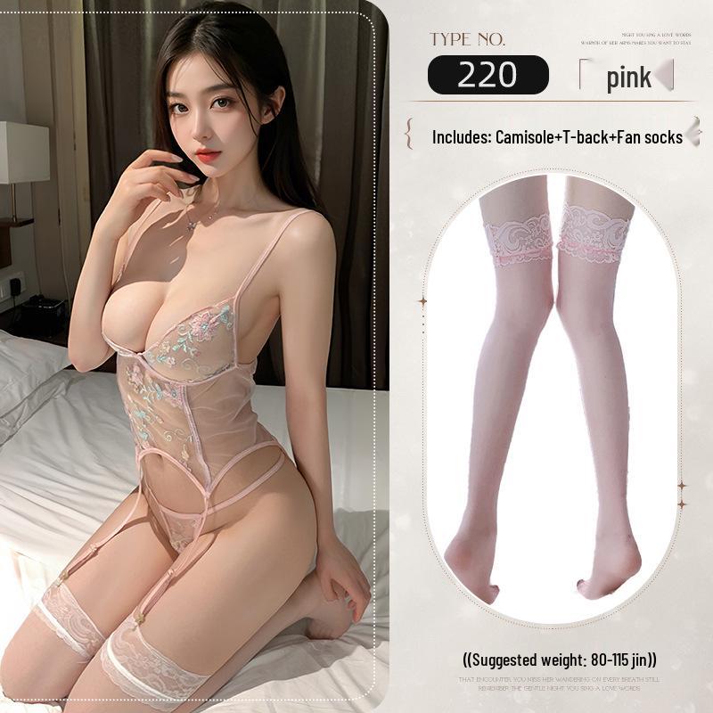 Sensual Illusion Deep V Embroidered Mesh Bodysuit