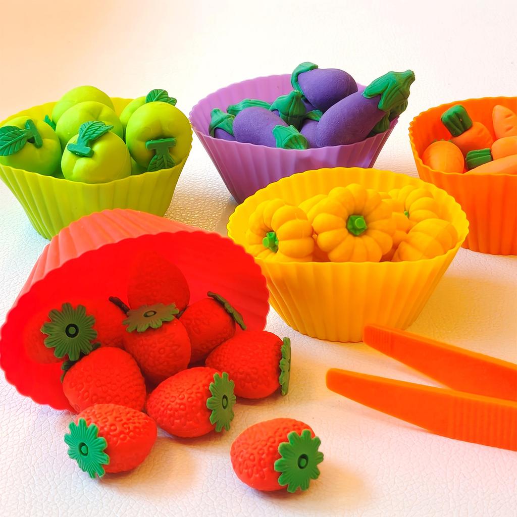 56pcs Educational Toy Set,Fruit & Vegetable Sorting And Counting, Colorful Food Pieces, Fine Motor Skills Development, With Tongs & Silicone Cups,