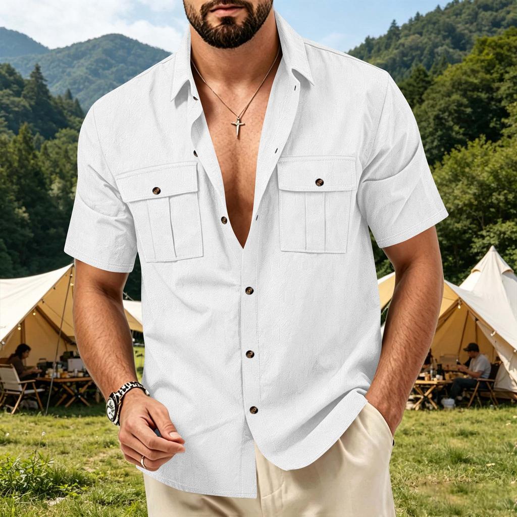 Men's Linen Button Down Shirt Short Sleeve Dual Chest Pocket Relaxed Fit Collared Utility Beach Overshirt Casual Top