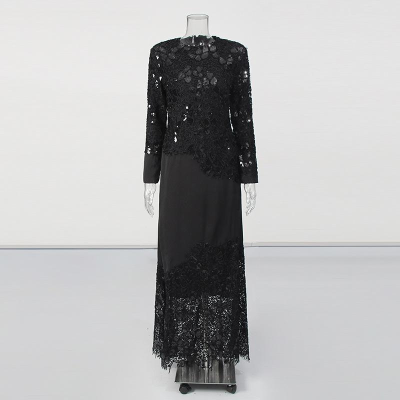 

Черное кружевное атласное длинное платье с пэчворком из пайеток, весна 2026, новое женское вечернее платье с длинным рукавом, платье для светской львицы S чёрный