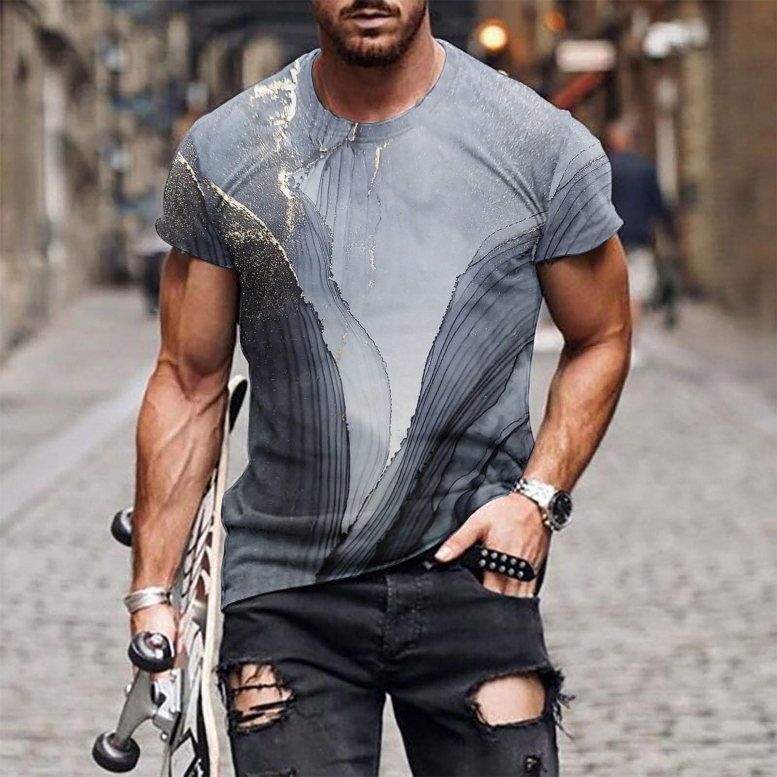 

Повседневная футболка с короткими рукавами в европейском и американском стиле с круглым вырезом в этническом стиле и принтом в стиле ретро XXL серый